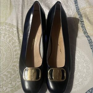 Salvatore Ferragamo Black Flats with Gold Buckle